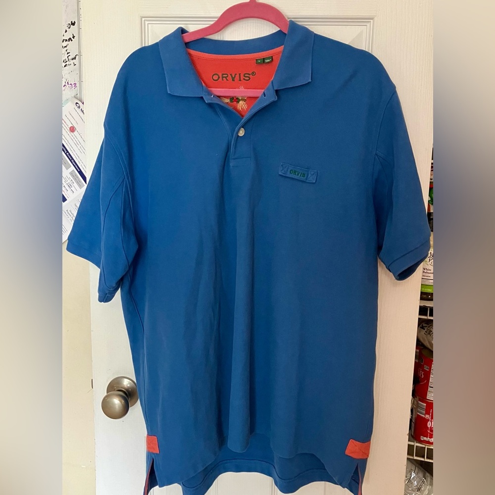 Orvis Men's L Solid Heavy Cotton Short Sleeve Fly Fishing Polo Shirt Blue Orange